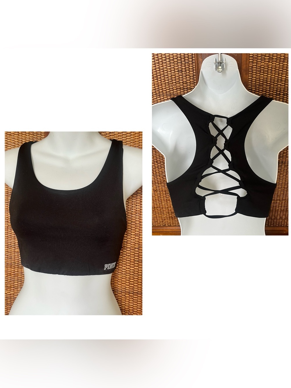 PINK Victoria's Secret ultimate Black Lace-Back Sports Bra crop top sz S